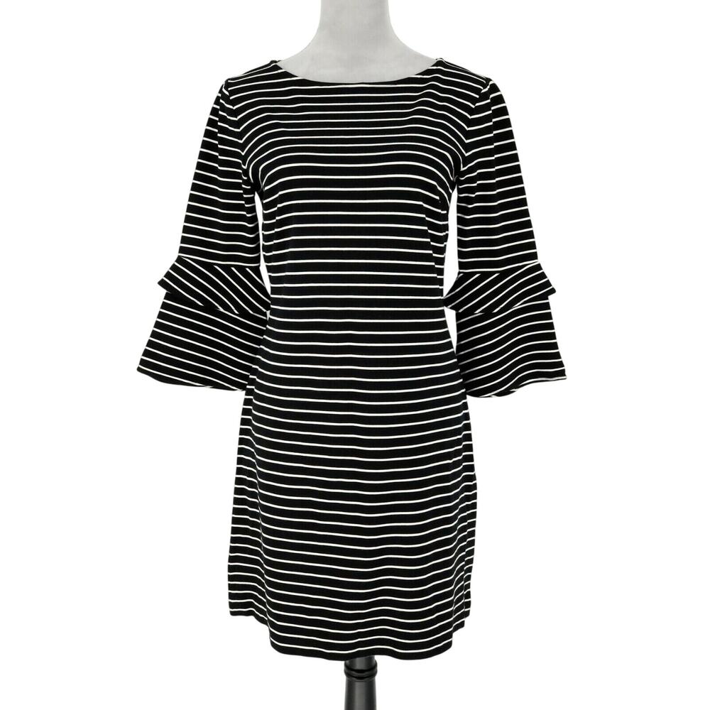 Ann Taylor Dress Womens 6 Black White Stripe Stretch Knit Bell Sleeves Office